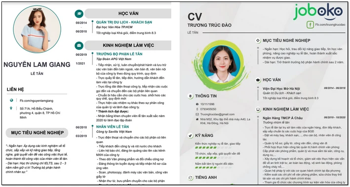 Mẫu CV xin việc Nhân viên lễ tân